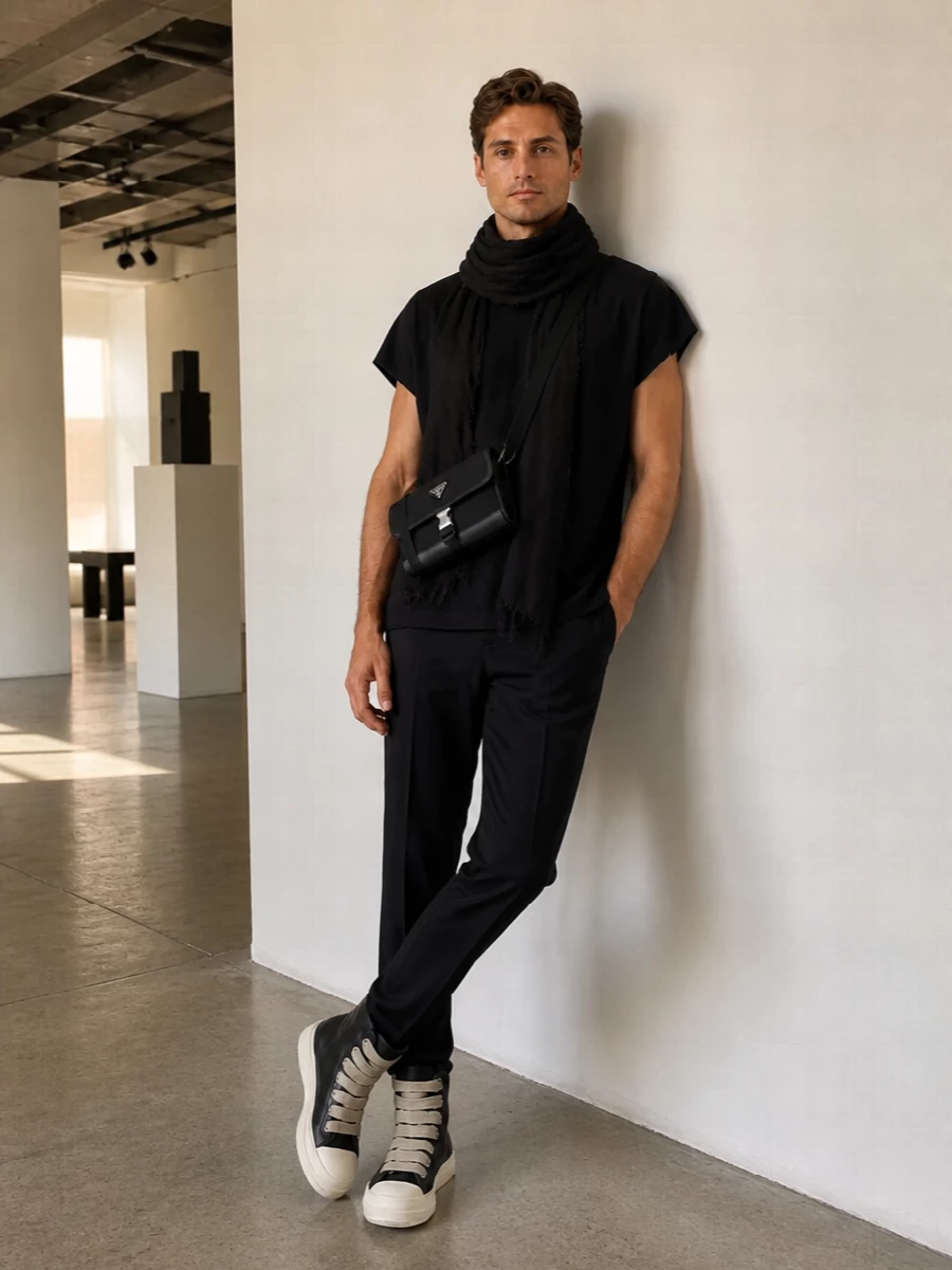 Rick owens black trousers longline tee high top sneakers