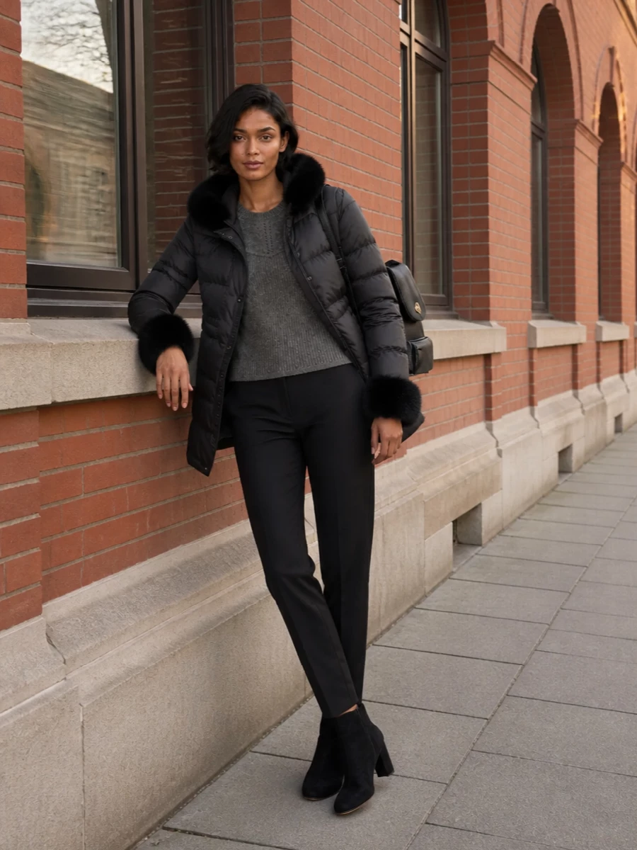 I am building around the parka as a true city coat, so I chose the top and trouser route over a dress to keep the silhouette streamlined and functional for real winter movement. The charcoal Isabel Marant knit and tailored trousers create a tonal column under the black coat, which the Mm6 ankle boots finish with a subtle, textural edge rather than overt sportiness. A neat Furla backpack keeps hands free and the mood quietly practical, giving you a polished, low-maintenance winter uniform you can walk all day in.
