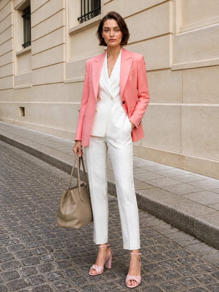 I am taking the top and trouser route rather than a dress so the Attico coral blazer can sit as the clear hero over a calm, tailored base, which aligns with its styling notes about ivory tailoring underneath. An ivory Tagliatore blazer and Attico ivory trouser create a monochrome column, while blush Aquazzura heels and a taupe Attico tote keep the palette soft and boardroom-ready without diluting the color impact when you slip the coral blazer on. The result is quiet-luxury power suiting in spring tones, ready for client meetings that turn straight into drinks.