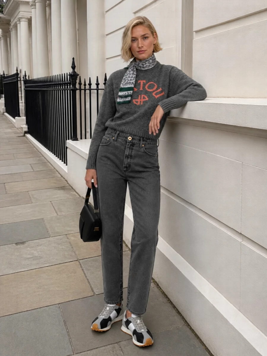 Patou grey logo sweater charcoal jeans tods sneakers