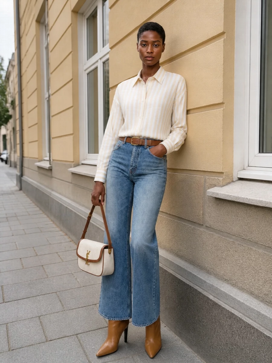 High-rise flared denim meets a softly oversized butter-striped shirt for that relaxed, Parisian take on jeans and a shirt. Caramel boots and a canvas baguette keep the palette sunlit and coherent, while a slim brown belt crisps up the waist without tipping it into boardroom territory. It feels polished enough for city days but still grounded in the insouciant ease these Saint Laurent jeans promise.