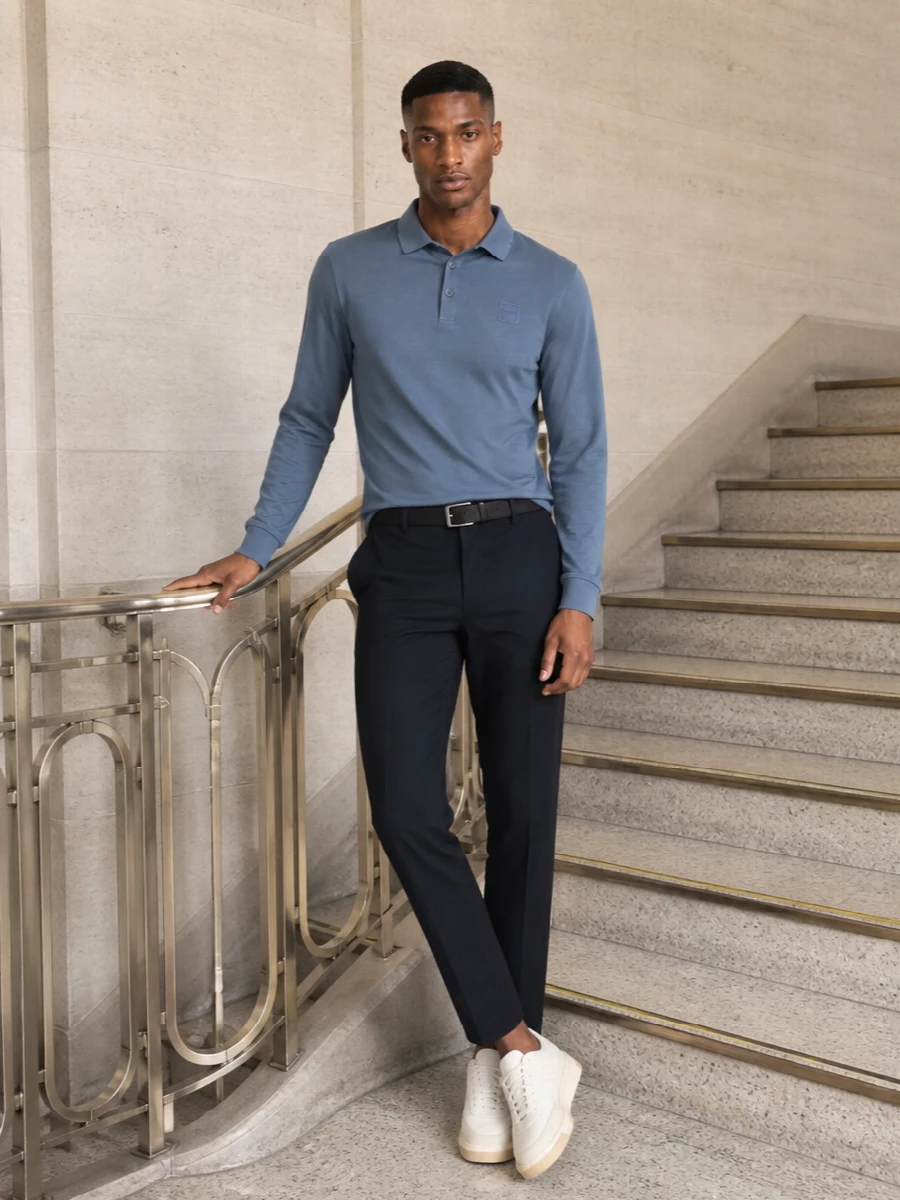Boss blue polo navy trousers cream sneakers