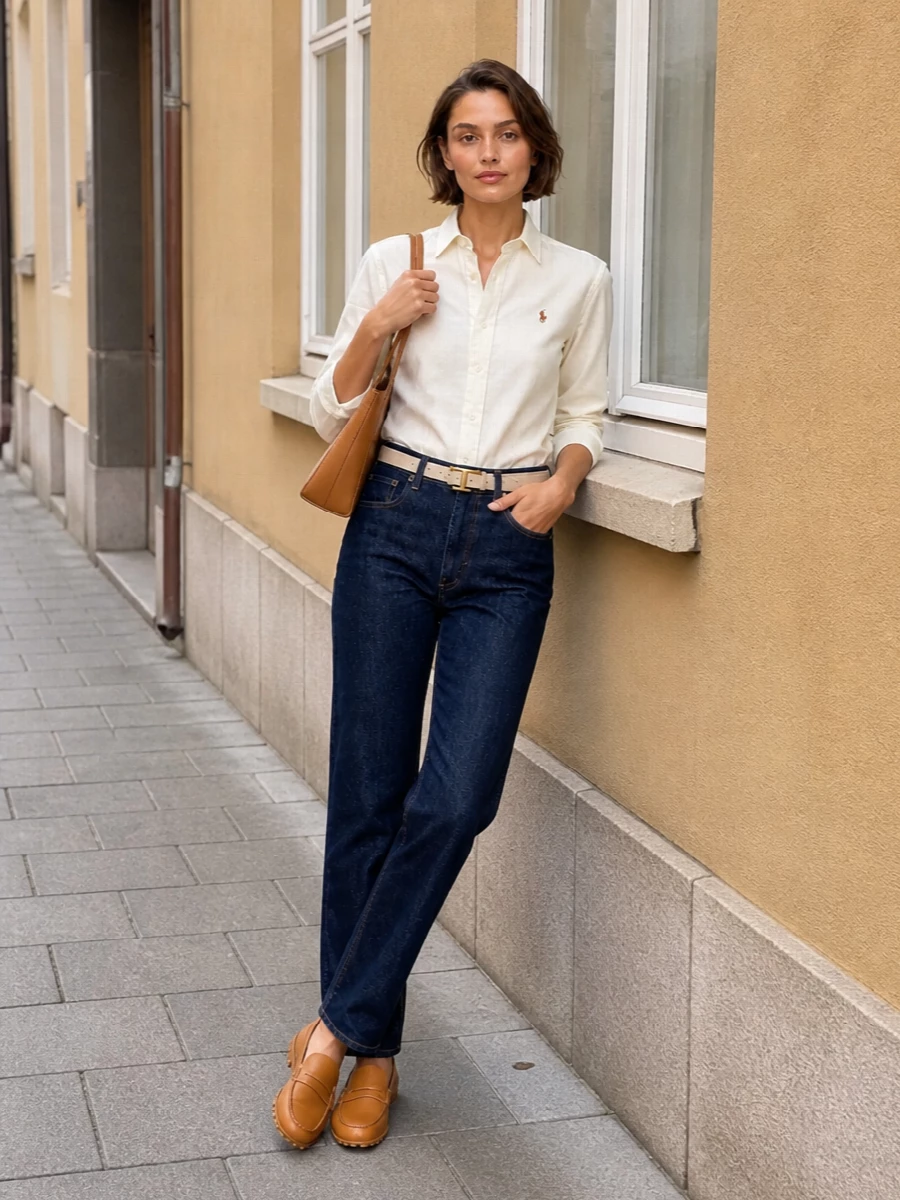 Ralph lauren ivory shirt dark jeans loafers