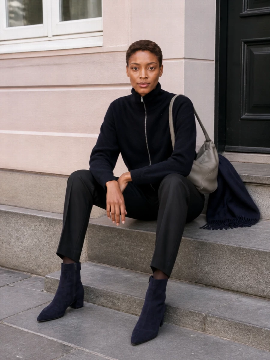 Deep navy and black sit together here in an unfussy, modern way, with the tailored trouser sharpening the cocooned jumper. Pointed navy boots and a soft grey shoulder bag keep everything streamlined, so the colour shifts feel deliberate rather than busy. It is a quietly confident winter outfit that moves easily from a long workday to a low-key dinner.