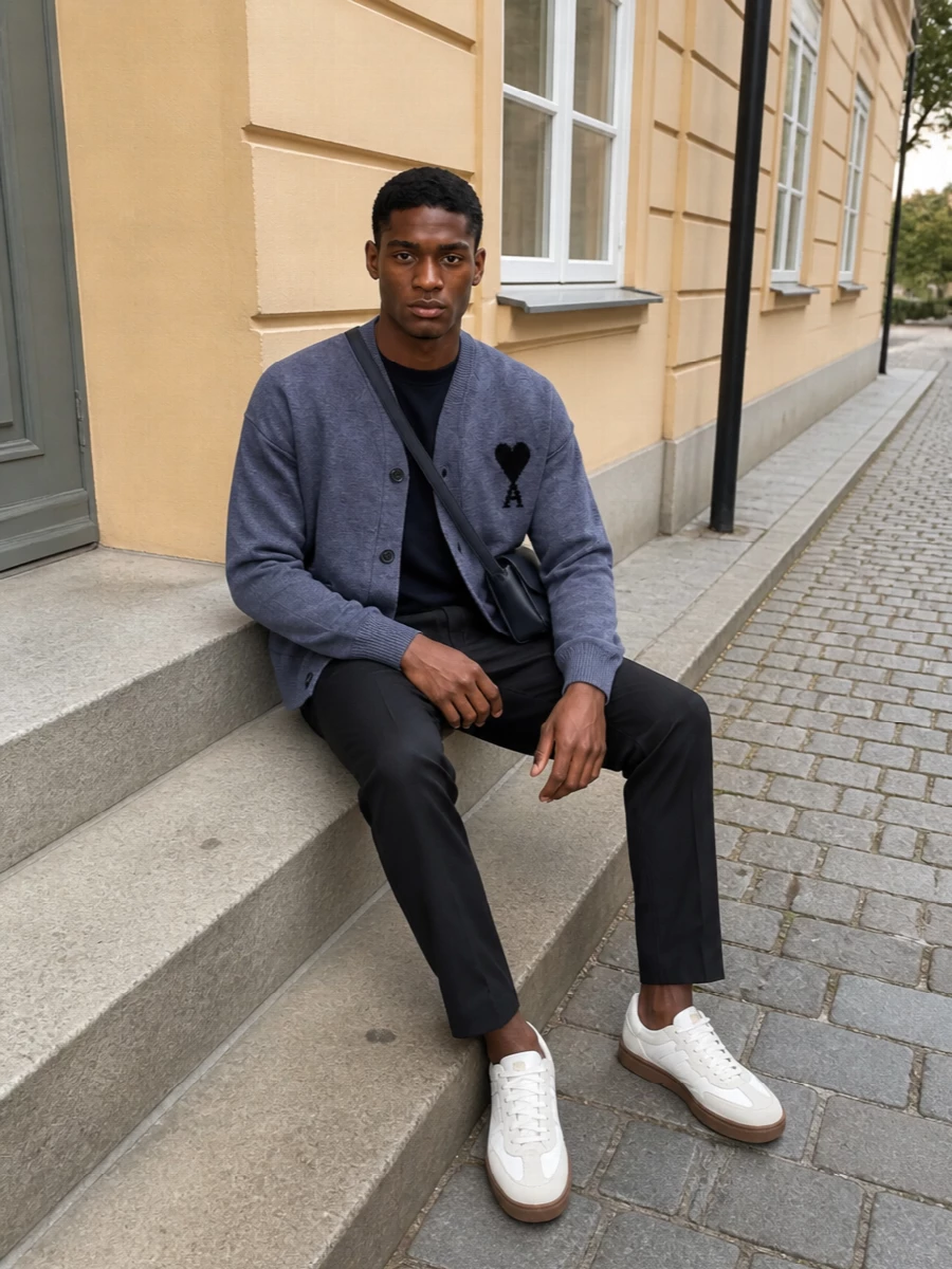 Ami cardigan charcoal trousers sneakers outfit