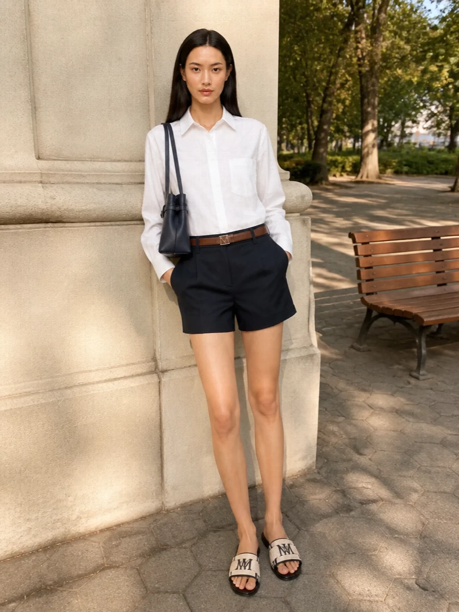 S max mara navy tailored shorts white shirt
