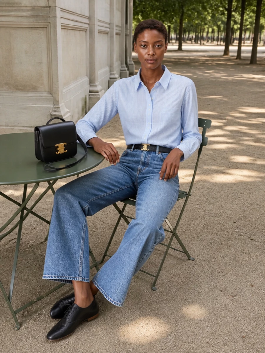 Celine wide leg jeans striped shirt flats