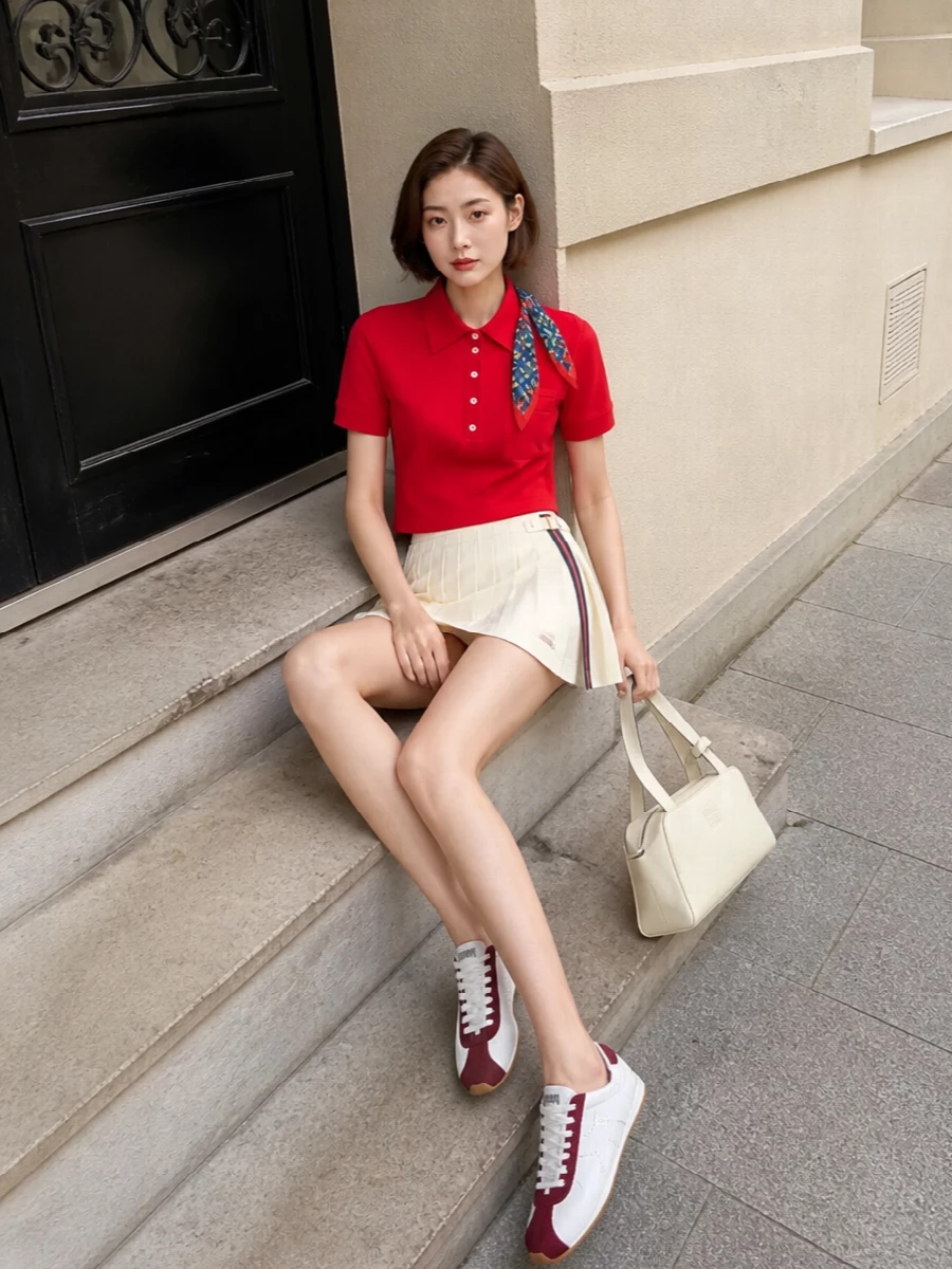 Miu miu red cropped polo pleated mini outfit