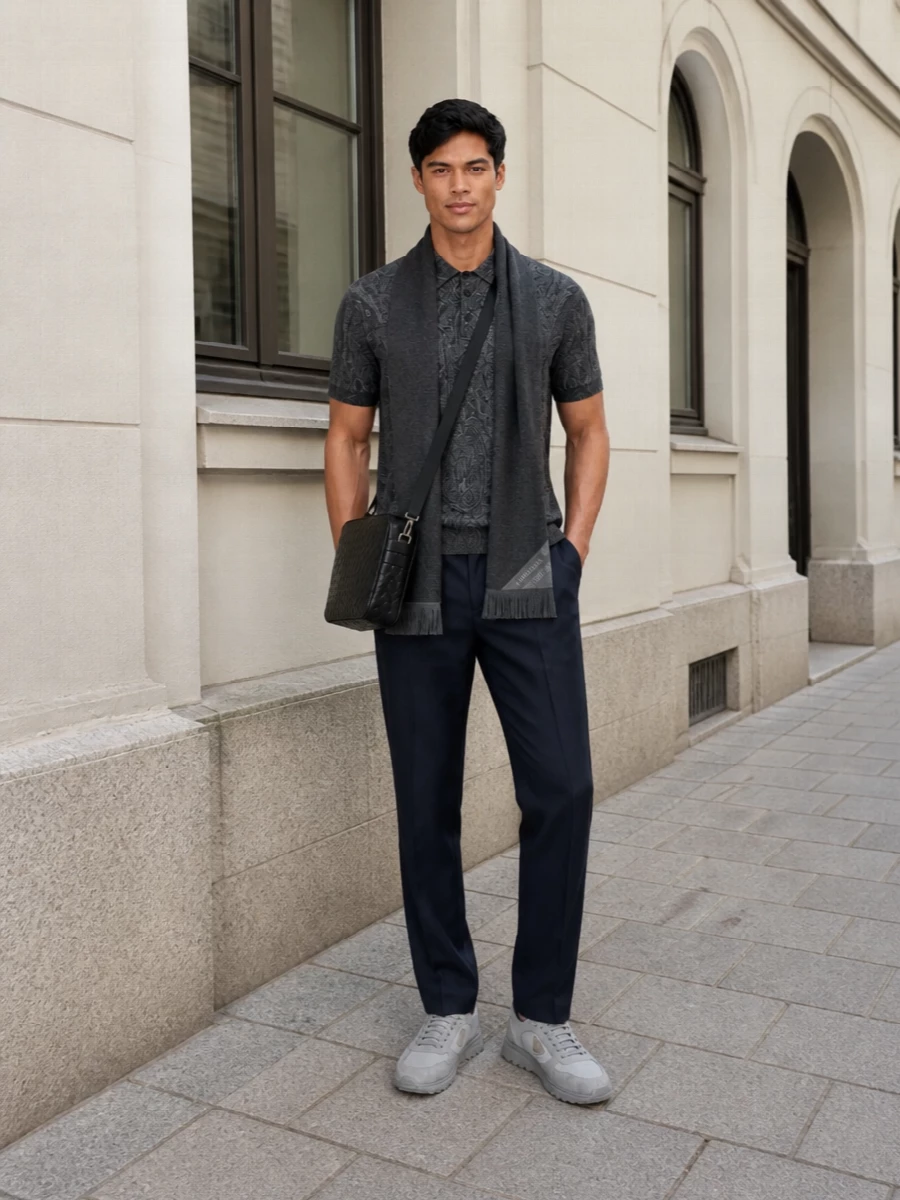 Etro paisley polo zegna navy trousers outfit