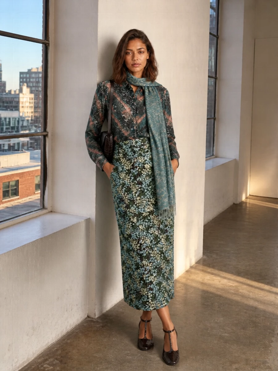 Dries van noten floral midi skirt teal shirt outfit