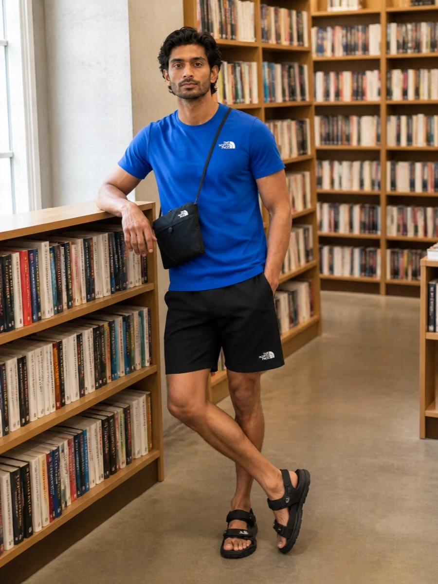 The north face cobalt tee black shorts outfit