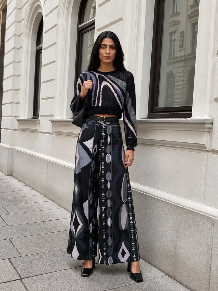 Pucci wide leg trouser cropped knit prada bag