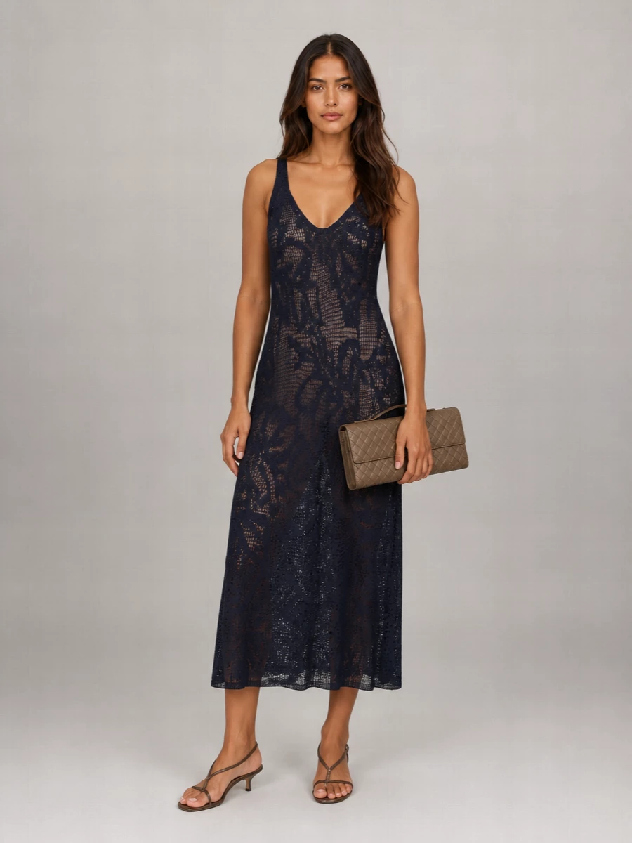 Brunello Cucinelli Linen Sleeveless Sequin Midi Dress
