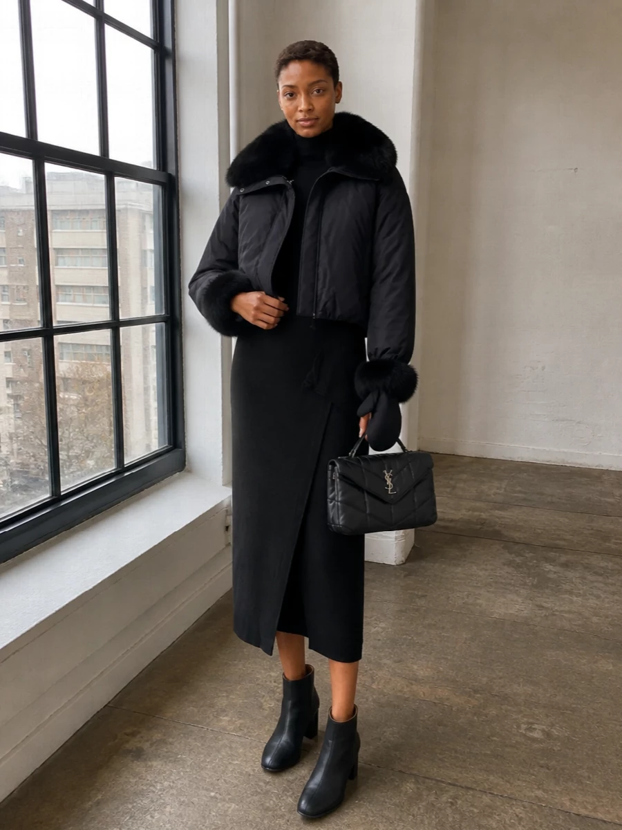 Parosh black knit midi dress yves salomon jacket