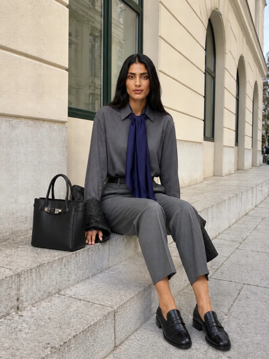 Sacai grey shirt tailored trouser outfit