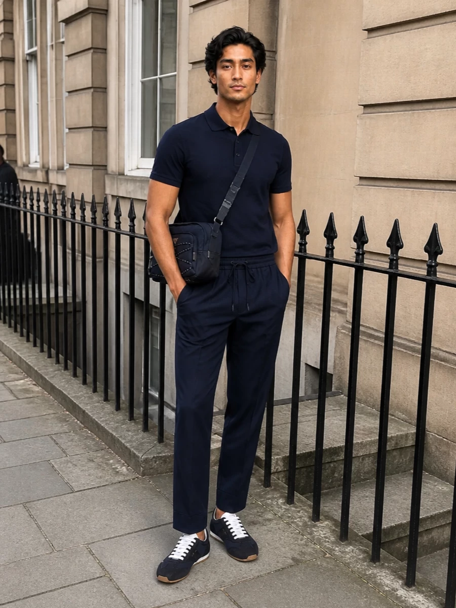 Brioni navy track pants prada sneakers outfit