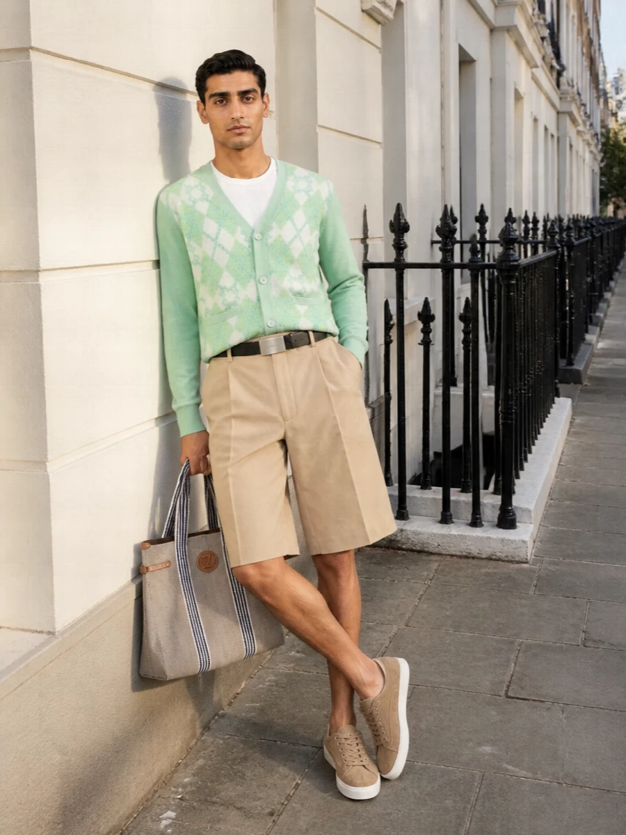 Givenchy mint cardigan beige tailored shorts outfit