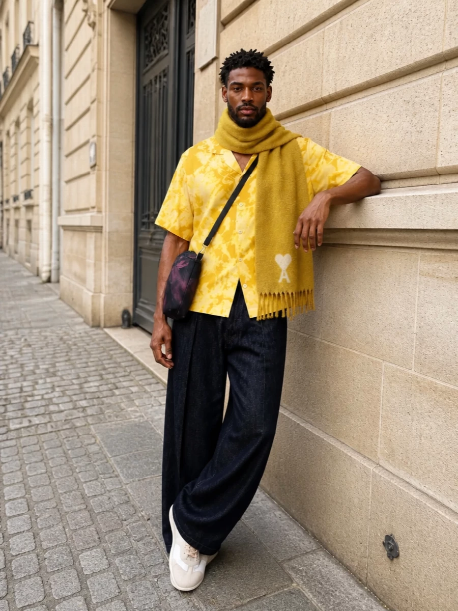 Sunlit tie-dye sits against deep indigo wide-leg denim for a relaxed, art-school take on city casual. Off-white Dries runners keep it light on the foot, while the moody floral crossbody pulls the palette together with a subtle graphic twist. A mustard scarf threaded through the mix adds one more warm note without tipping the outfit into noise.