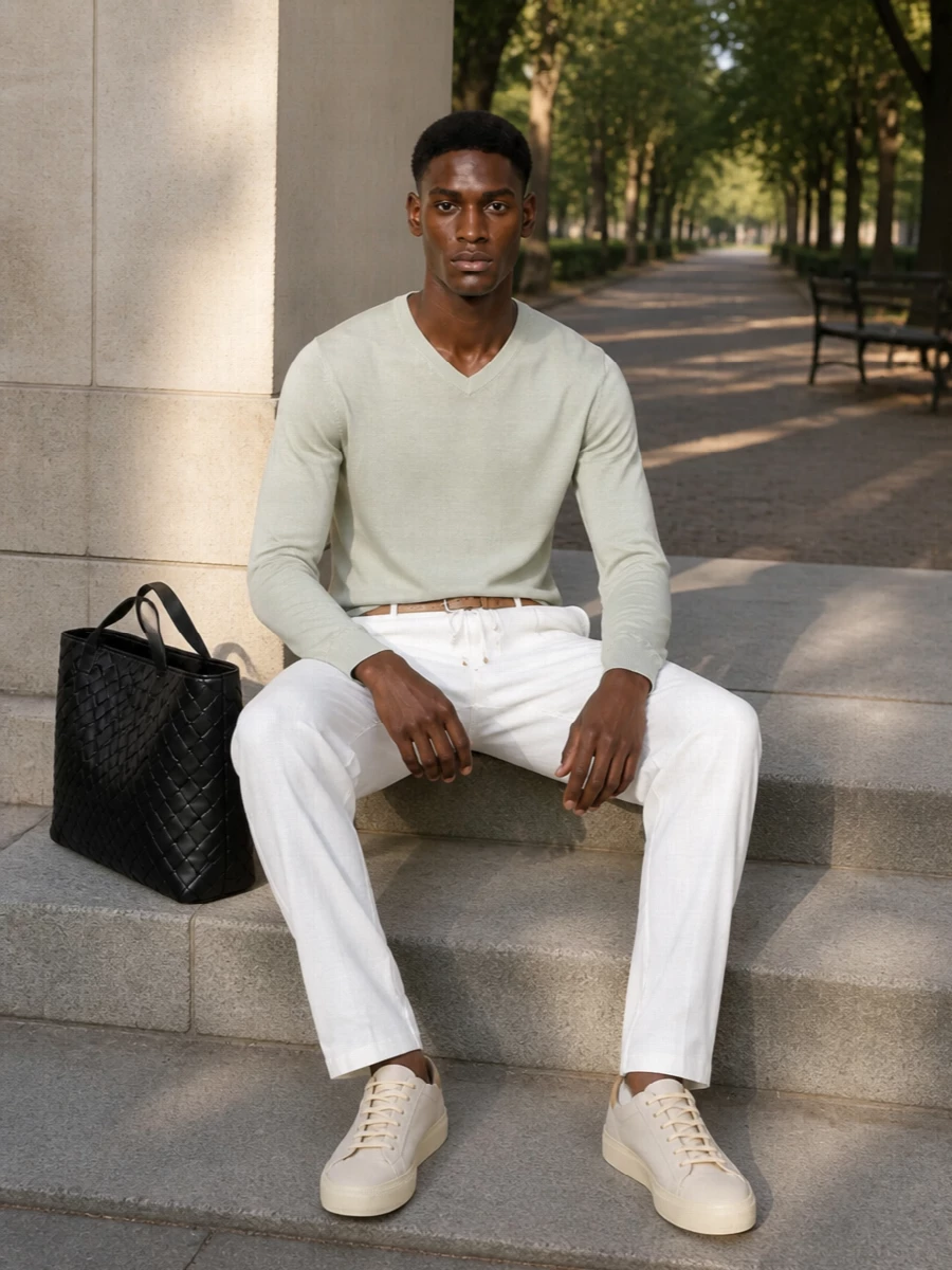 The pale sage V-neck from The Row sits over soft-white drawstring trousers for a light, tonal take on summer tailoring that feels effortless yet composed. Eggshell-and-sand sneakers keep the palette calm and modern, while a black intrecciato tote and camel suede belt add just enough contrast and texture to underline the look’s quiet-luxury precision without breaking its minimalism.
