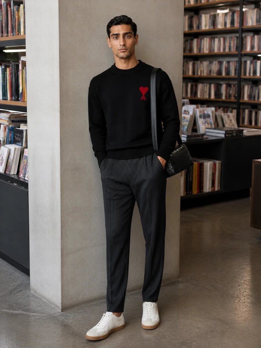 Ami’s black crew knit and the charcoal pinstriped pleats create a lean, graphic base that feels sharp but low key. Off white court sneakers keep it relaxed and wearable, while the intrecciato crossbody adds a discreet hit of texture and polish. The result is a quietly confident city uniform that moves easily from coffee runs to dinner reservations.
