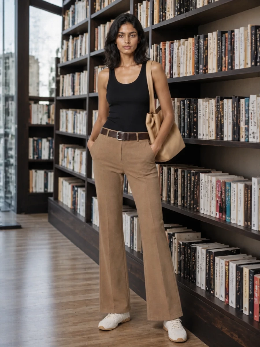 Camel flares and a black ribbed tank create a clean, elongated line that feels relaxed but intentional. Soft beige sneakers keep the palette light and grounded, while a camel pleated tote and dark brown belt pull the neutrals together. The result is a low-key city uniform with subtle sport energy and a quietly structured waist.