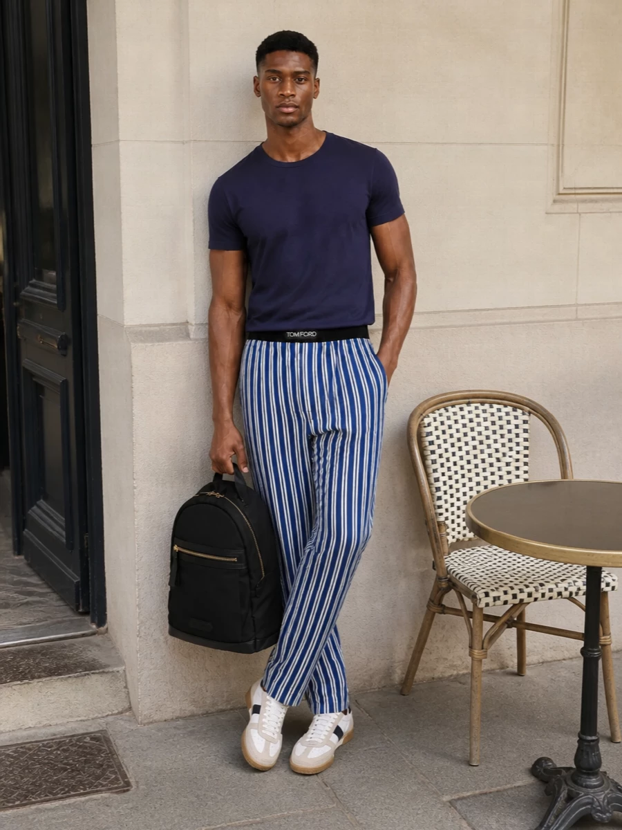 Tom ford navy striped lounge pants outfit
