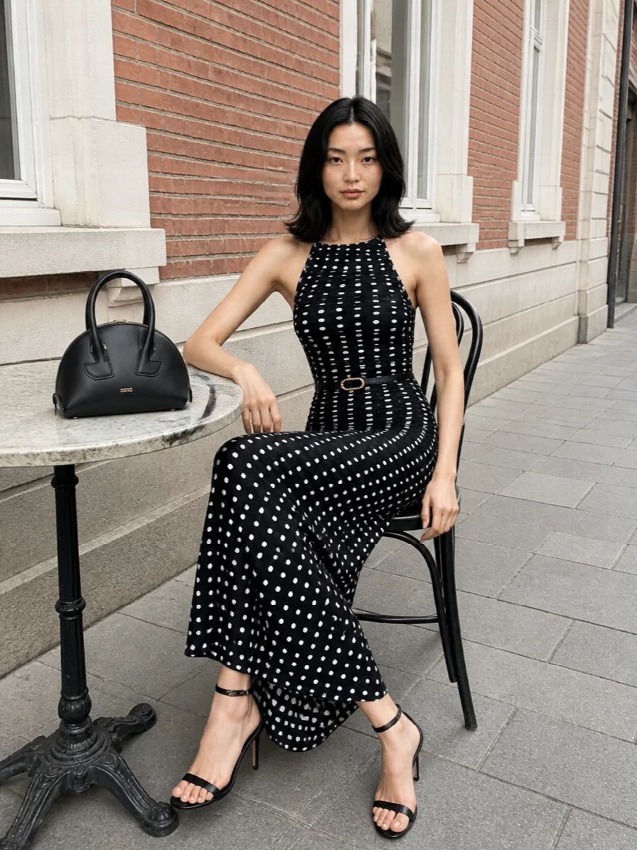 Patou polka dot halter dress black heels