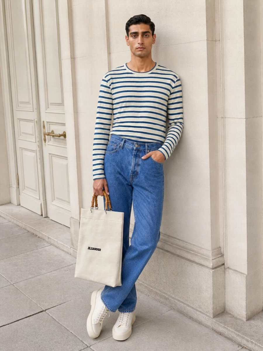 A striped Jil Sander tee meets mid blue high-rise denim for a clean, quietly nautical uniform in navy and cream. Cream-toned sneakers keep the palette soft from head to toe, while the structured canvas tote adds a precise, gallery-on-the-coast finish. It is relaxed enough for weekend city wandering yet considered enough for a casual lunch by the water.