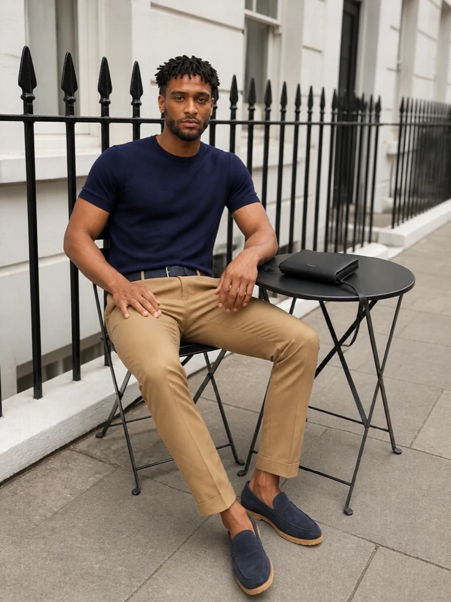 Camel trousers navy knit tods loafers outfit