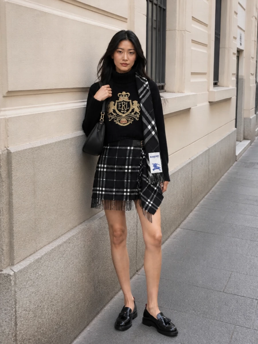 Erl crest sweater burberry kilt outfit