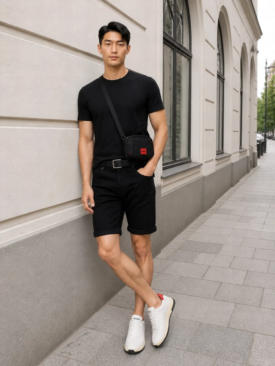 Hugo black denim shorts tee white sneakers