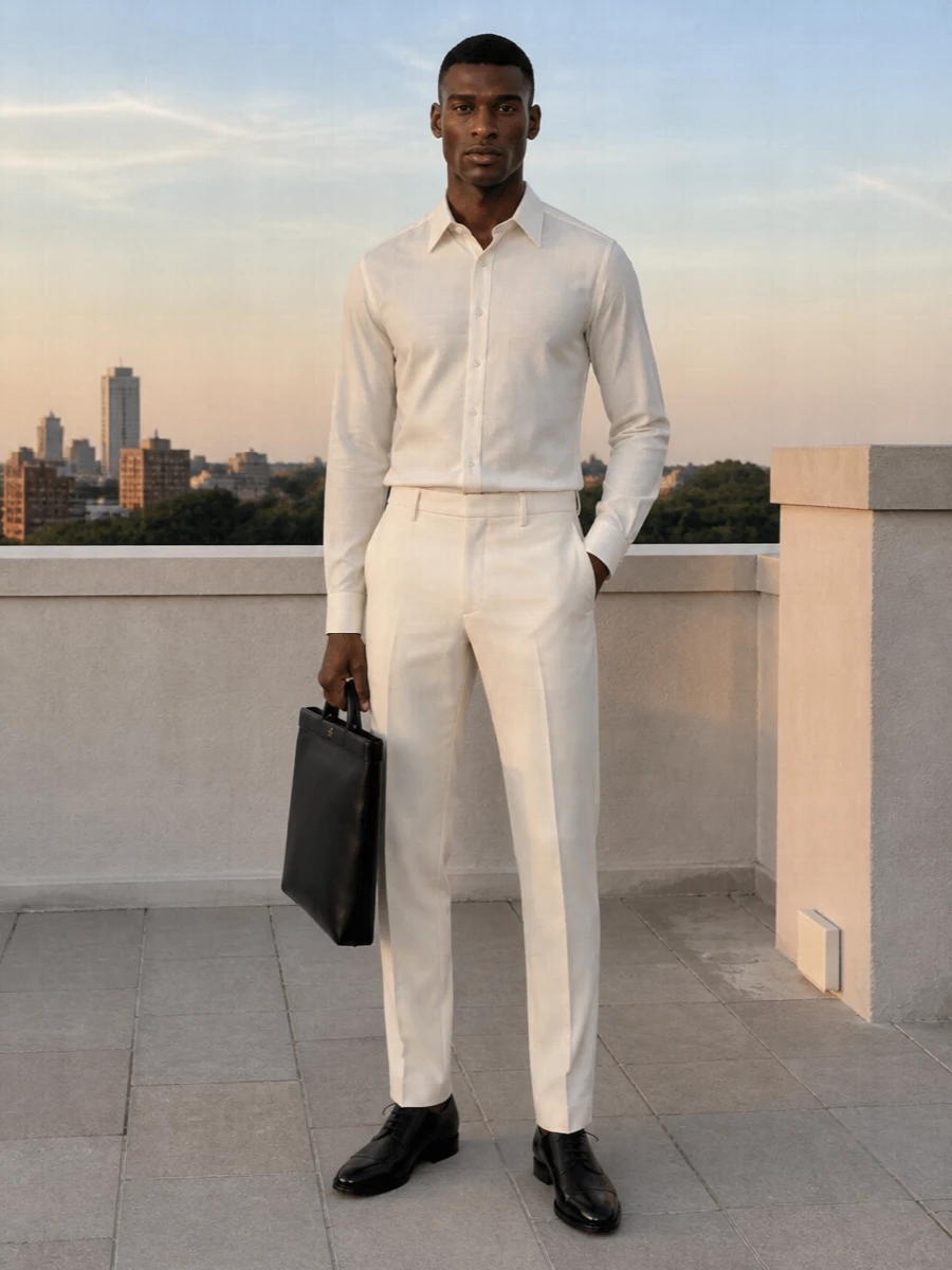 Dolce&Gabbana’s ivory shirt and Fendi’s architectural ivory trouser create a clean, monochrome column that feels refined rather than loud for warm-weather dinners. Church’s black cap-toe Oxfords and Valentino’s structured briefcase introduce just enough dark contrast to keep the combination grounded and formal while maintaining a quietly luxurious mood.