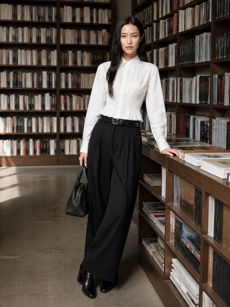 Prada wide leg trousers smocked shirt outfit