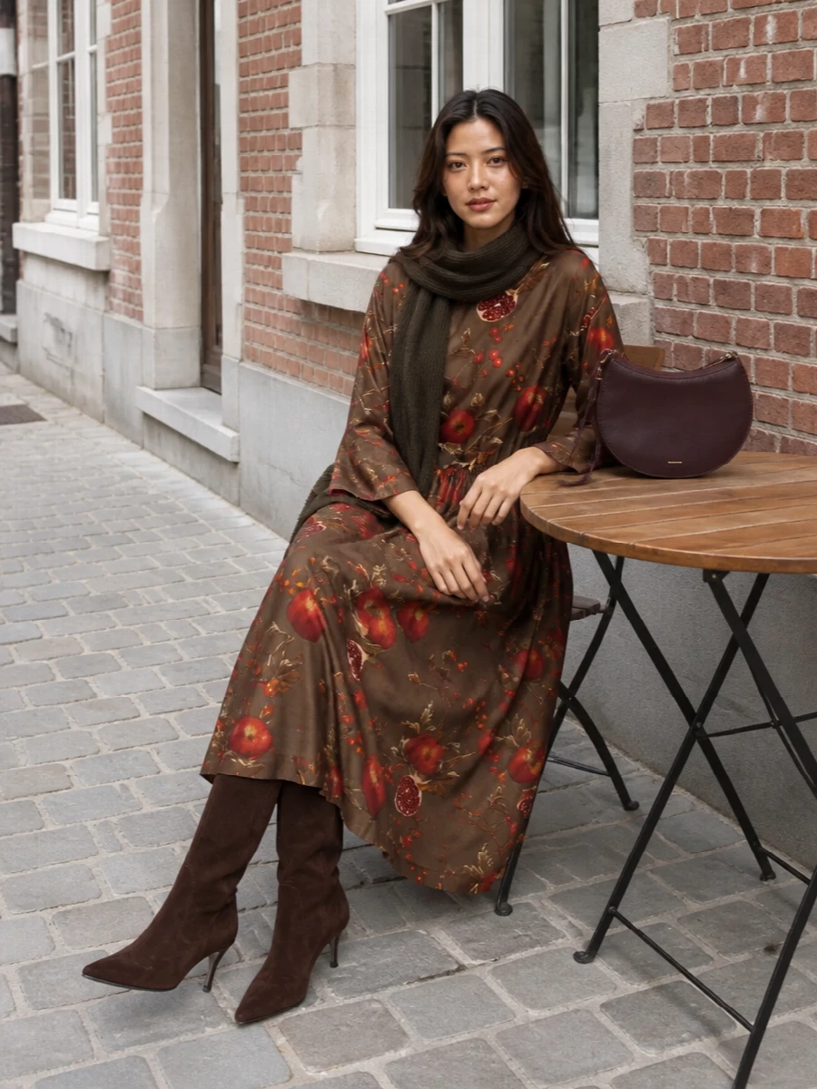 Uma wang midi dress brown boots wandler bag