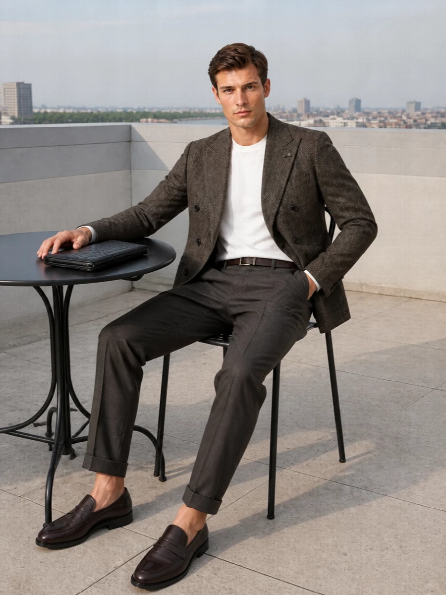 Tagliatore brown blazer tailored trousers outfit