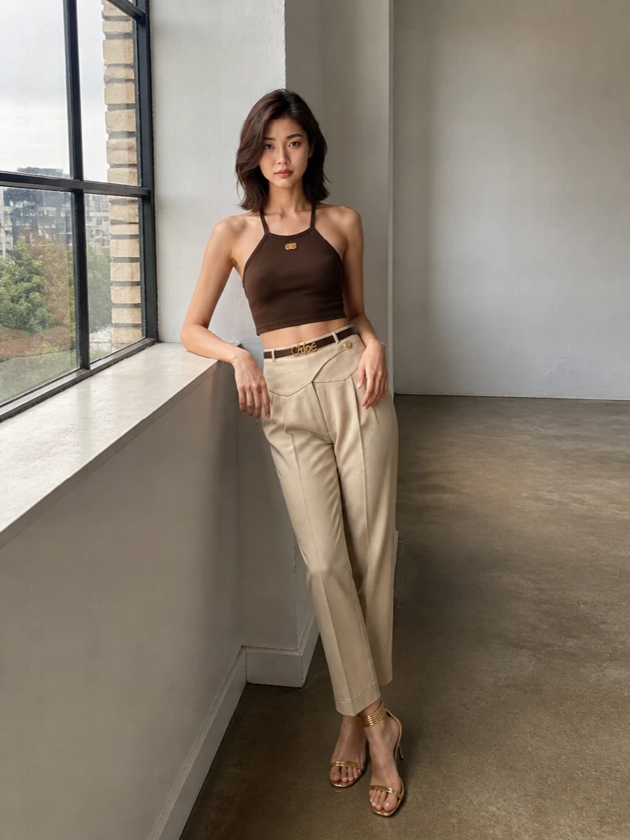 Chocolate and sand tones do all the work here, with the cropped halter and high-rise tailored trouser creating a sharp, body-skimming line. Gold hardware is treated like jewelry, from the plaque at the neckline to the metallic sandals and slim belt, so the whole outfit reads sultry yet controlled. It is a minimalist answer to warm-night dressing that feels grown-up Y2K rather than nostalgic.
