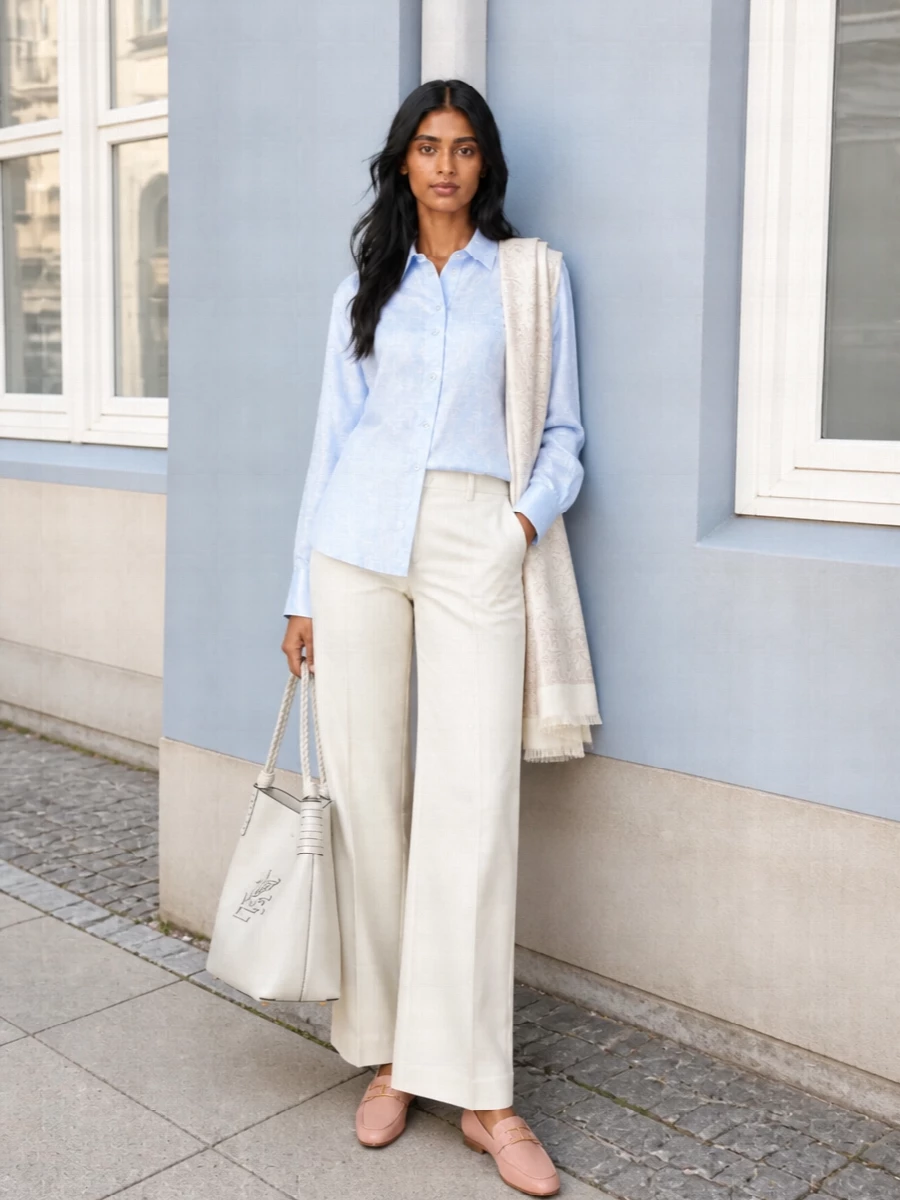 Etro pale blue shirt ivory wide leg trousers