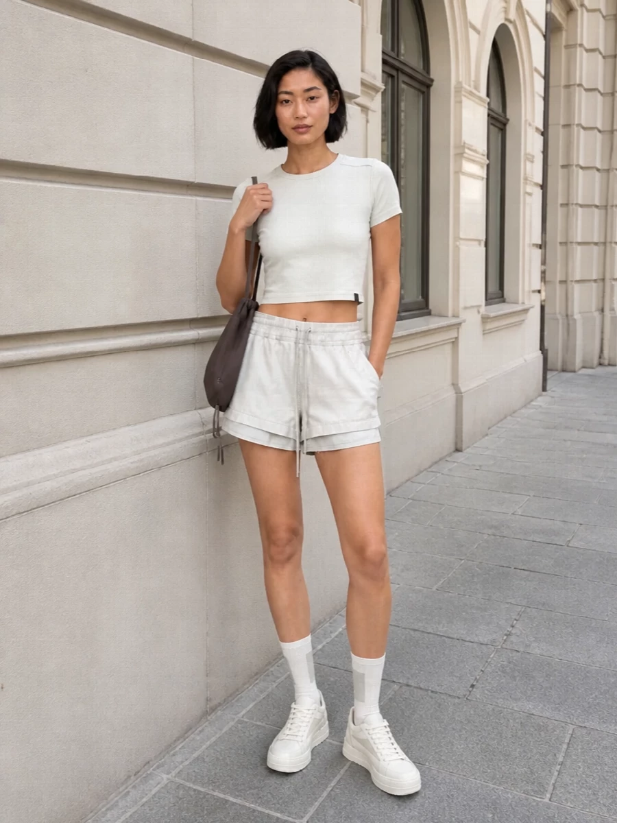 A pale Rick-on-Rick set built around the off-white shorts stays light, sharp and athletic with the cropped off-white tee and tonal leather sneakers. The near-monochrome palette feels calm but still graphic, while the leather drawstring sack and soft logo socks keep the mood grounded in easy, urban utility.