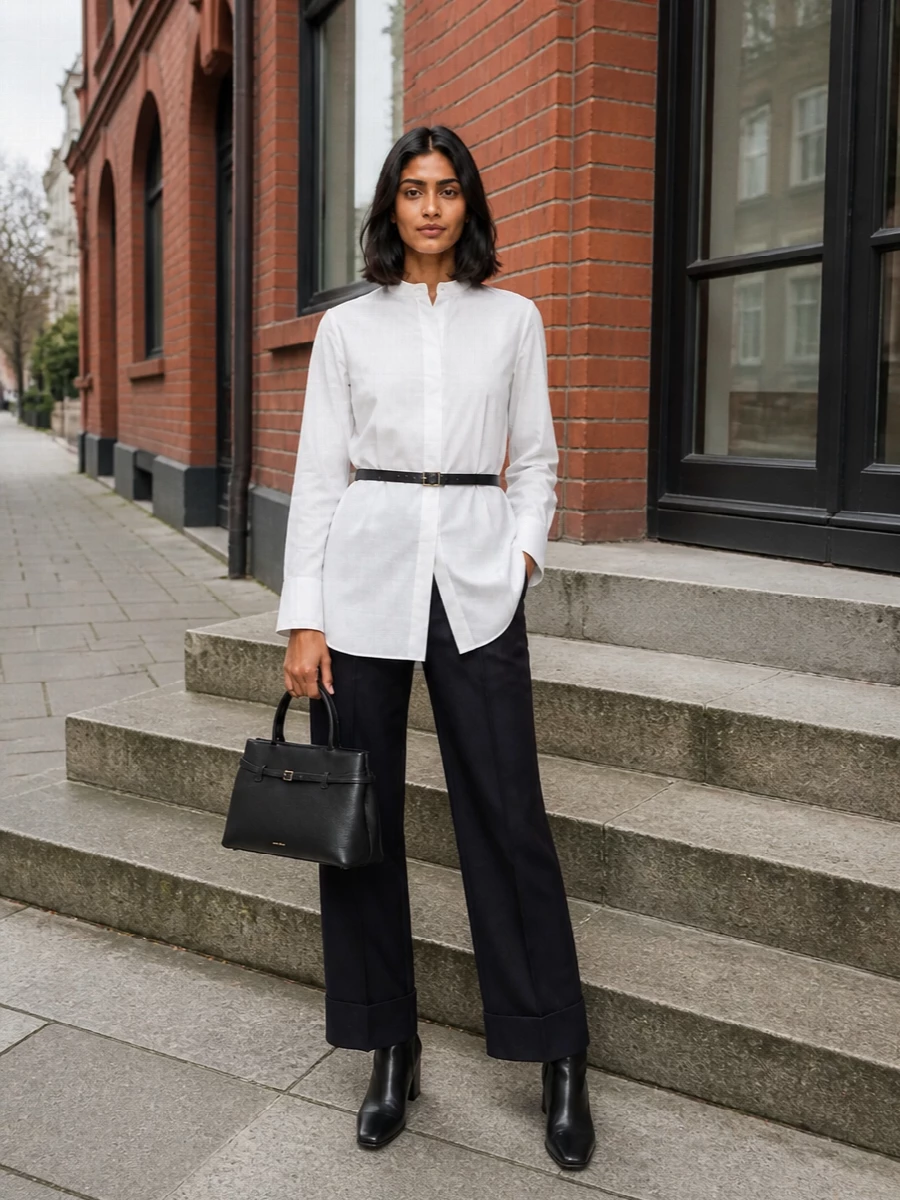 Max mara navy trouser white shirt black boots
