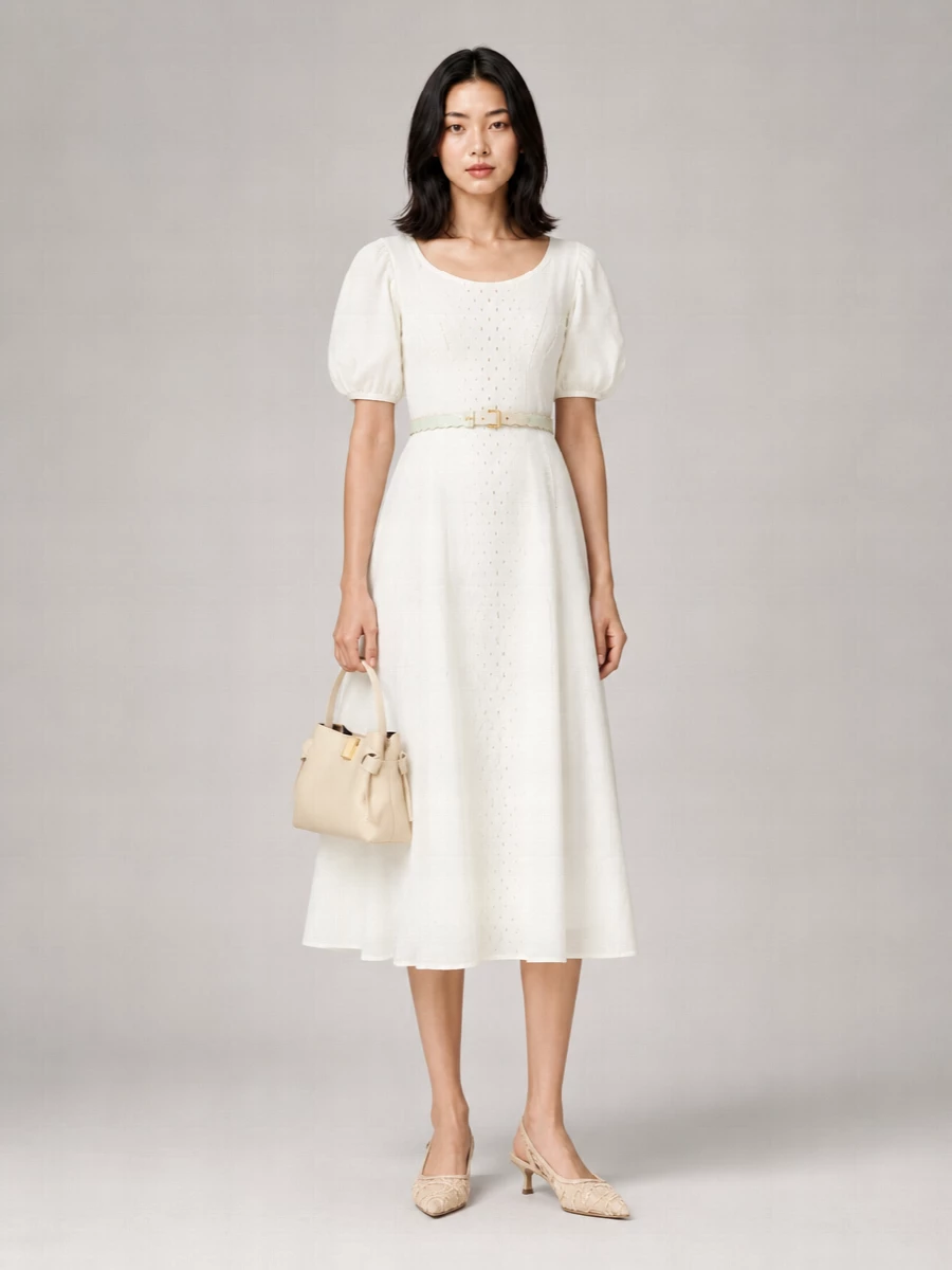 Kenzo Cotton Broderie Anglaise Puff-Sleeve Midi Dress