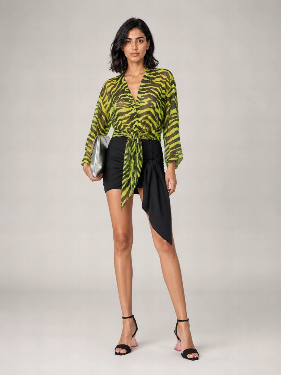 The Attico Cotton Zebra-Print V-Neck Long-Sleeve Wrap Mini Dress