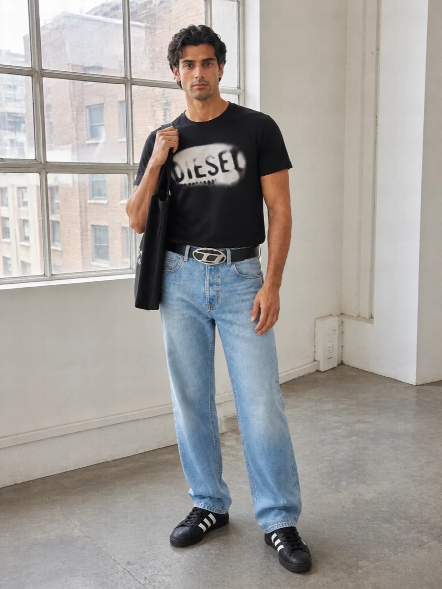 A hazy black Diesel tee sits over loose light-wash denim for a clean, graphic take on early-2000s streetwear. Black and white Adidas sneakers and an understated A.P.C. tote keep the palette tight, while the oversized Diesel belt buckle adds a single hit of hardware attitude. The result is relaxed but intentional, built for city days where the logo does the talking.