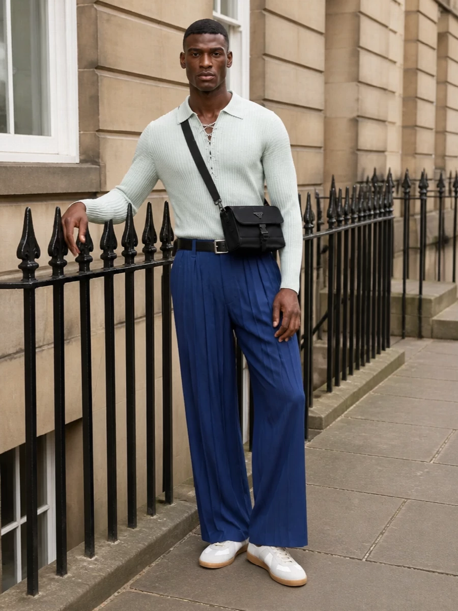 Slate blue pleated trousers meet a pale mint knit in a quietly graphic play of soft colour and vertical texture. The high rise and wide leg stay grounded through a clean belt line and slim, low-profile sneakers, keeping everything precise but easy. It is a modern, gallery-to-dinner uniform that reads thoughtful without ever feeling forced.