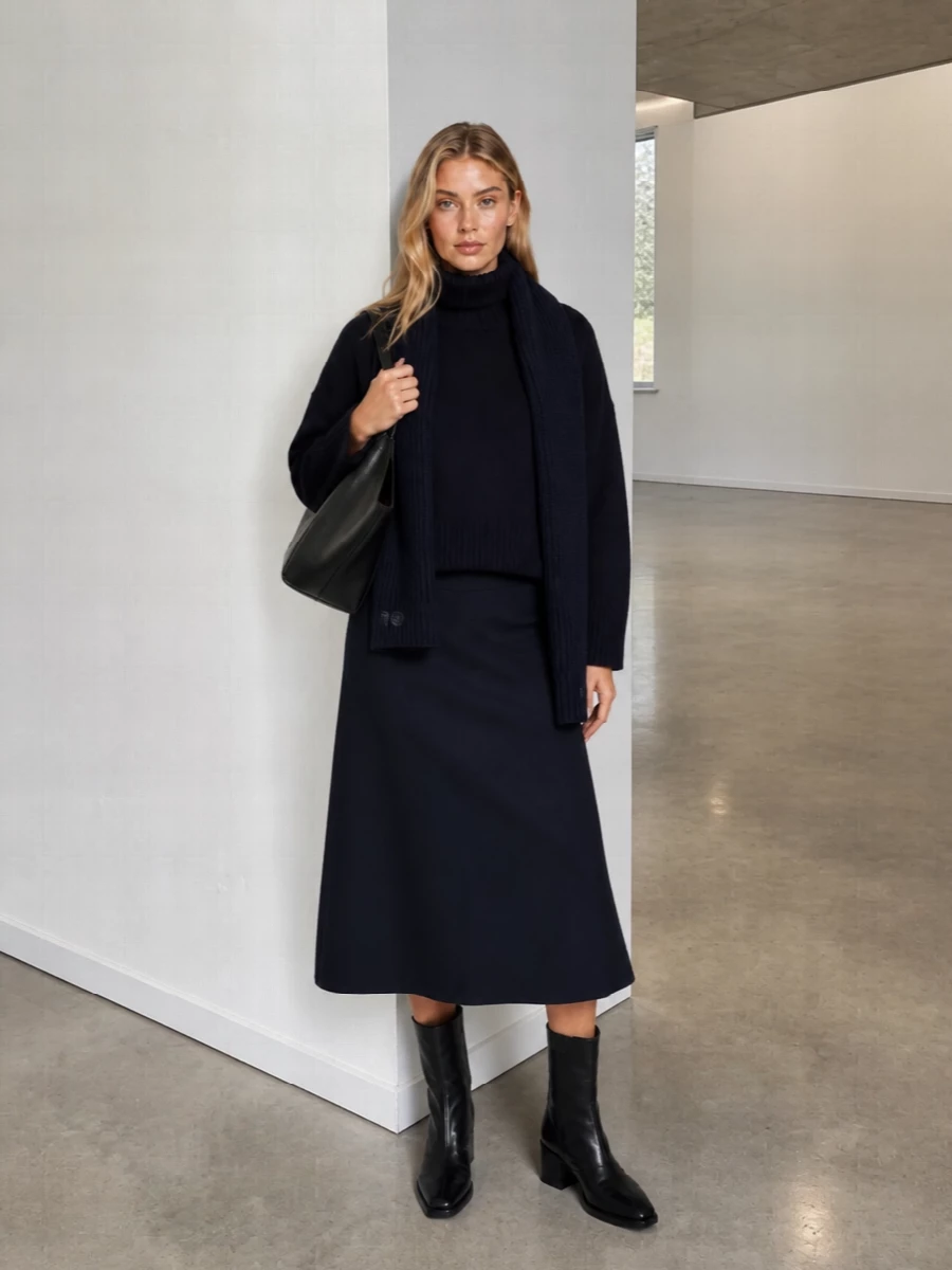 Soeur navy turtleneck jil sander midi skirt outfit