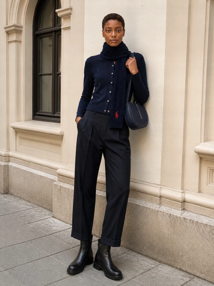 Navy-on-navy tailoring gives this cardigan a sharper, more intentional feel, with the pleated trouser lengthening the line. Chunky black boots and a structured crescent bag keep the mood quietly polished and practical, while the cable-knit scarf adds just enough texture and heritage detail. It is an easy uniform for cooler days when you want comfort but still read as considered and pulled together.