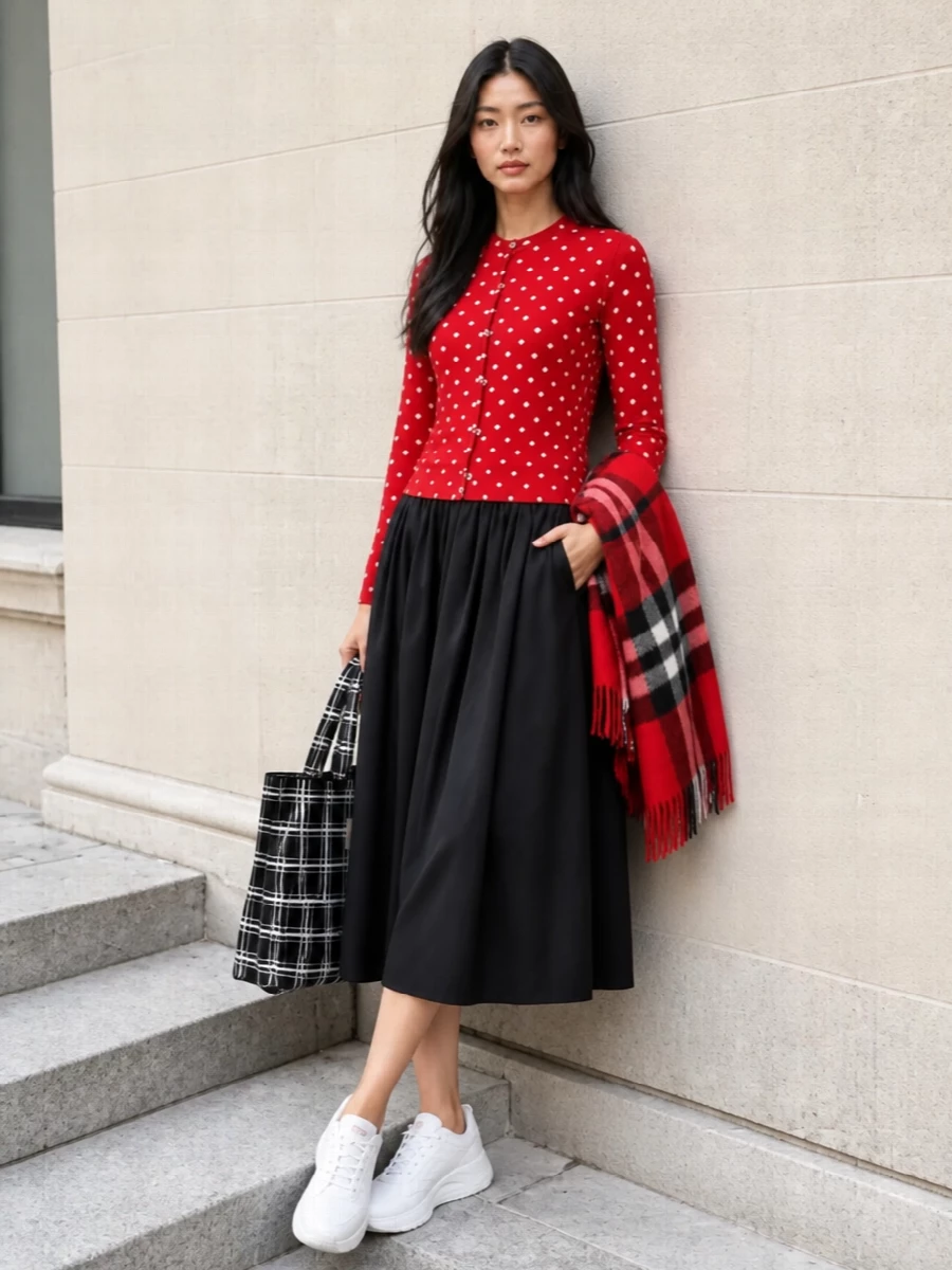 Comme des garcons polka cardigan black midi skirt