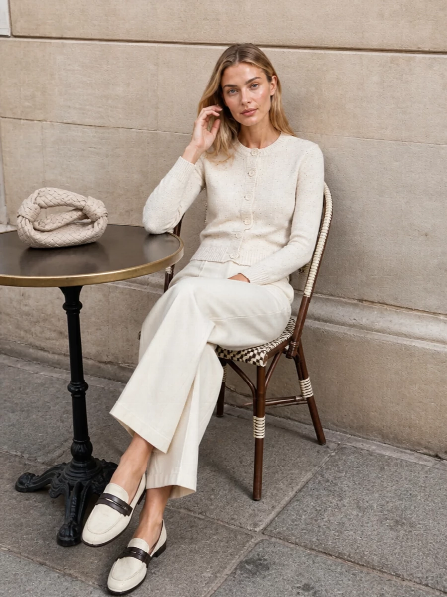 Brunello cucinelli ivory cardigan wide leg trousers