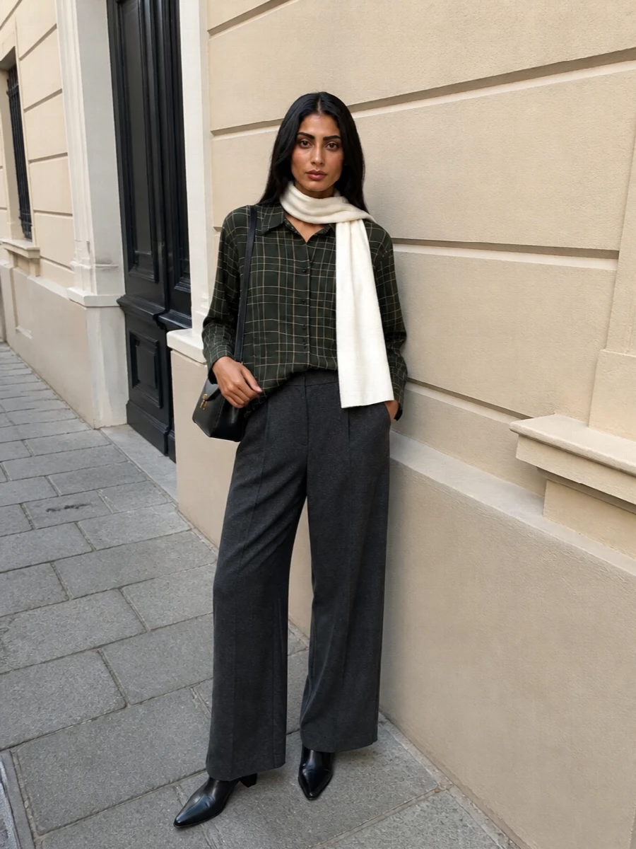 Toteme checked shirt charcoal wide leg trousers