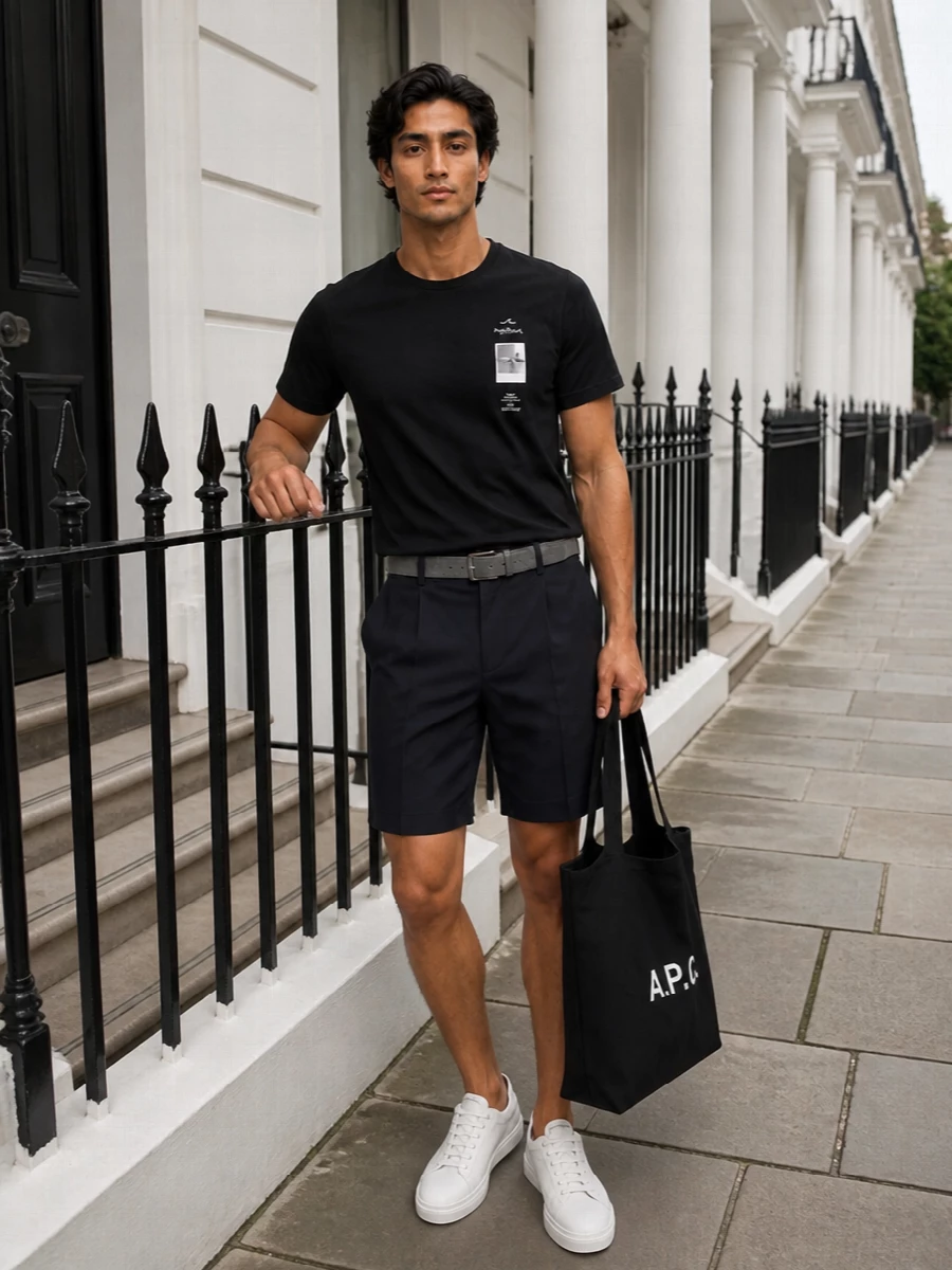 Paul shark black tee tailored navy shorts outfit