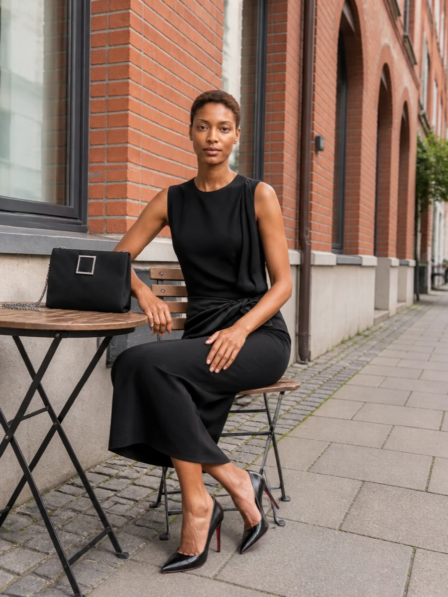 This is a strict black evening column built around line and cut, letting the Louboutin pump and Lanvin’s knotted waist do the talking. The proportions stay close to the body and mid-length, so the silhouette reads powerful yet restrained. Crystal accents on the bag add just enough light without disturbing the monochrome discipline.